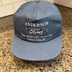 Vtg Anderson Ford Mercury Gibson‎ City Illinois Hat Cap Blue Leather Strap Back
